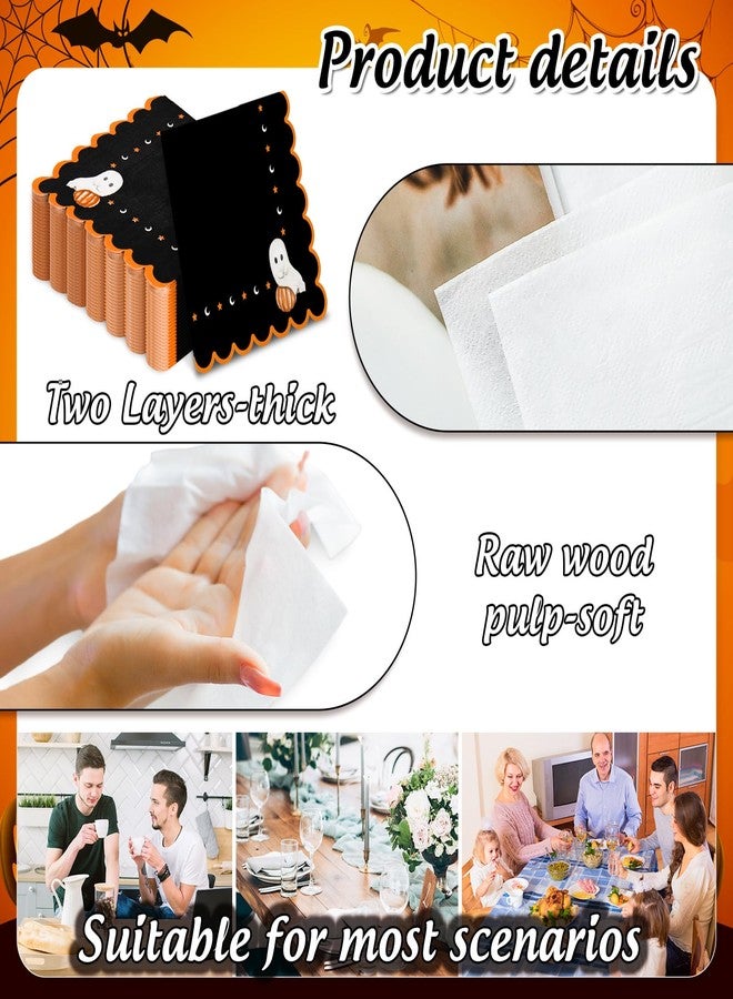 JarThenaAMCS 100Pcs Halloween Scalloped Paper Napkin Black Ghost Luncheon Napkins Dinner Hand Napkins for Home Party Supplies Table Decor - Image 3